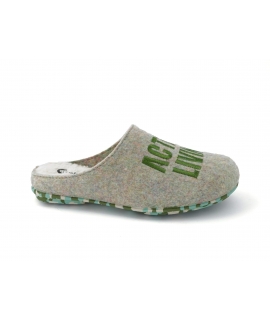 Recycled women's slippers written "Action Living" vegan shoes