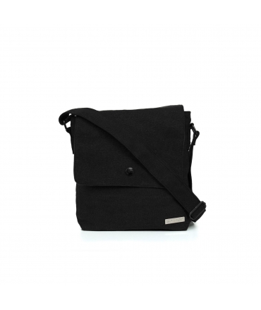SATIVA unisex black hemp shoulder bag with automatic button, vegan purse
