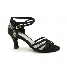 Vegane Tanzschuhe, schwarze Salsa-Sandalen für Damen, geschlossener Absatz, Strassgeflecht, hergestellt in Italien