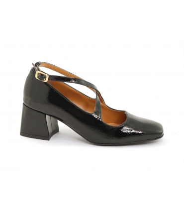 Escarpins vegan noirs VSI DIDI, décolleté coeur, brides tressées, talon large, fabriqués en Italie