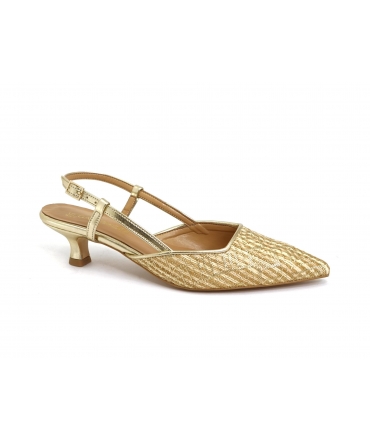 VSI SAFIRA Slingback aus veganem Bast-Dekolleté in Gold mit niedrigem Absatz, Spulenspitze, hergestellt in Italien