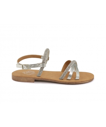 VSI AMLA Flache, juwelenbesetzte vegane silberne Sandalen mit glänzendem Riemen, hergestellt in Italien