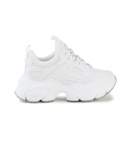BUFFALO Vegan BINARY C Weisse Damen-Sneaker mit Schnürsenkeln und klobigem Keil