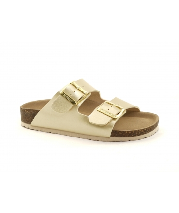 Pantuflas veganas para mujer BIONATURA doradas con dos bandas y plantilla suave. Fabricadas en Italia.