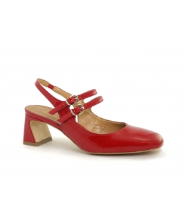 Escarpins à talon bloc double bride en cuir verni rouge vegan VSI LEVIE fabriqués en Italie