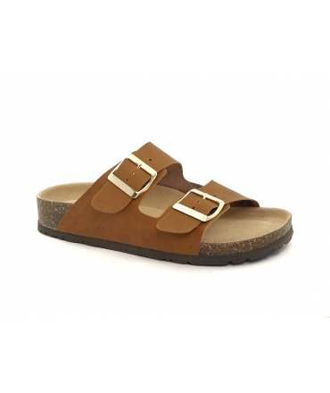 Pantuflas veganas VSI COLORADO de color marrón con doble banda y plantilla suave. Fabricadas en Italia.