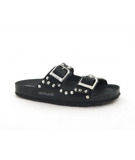 Chaussons femme vegan GRUNLAND SARA double bande boucles noires clous