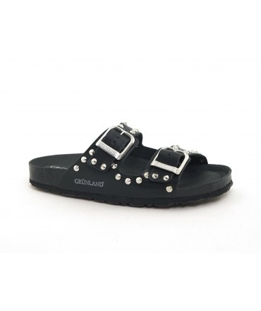 GRUNLAND vegane SARA Damen Slipper Doppelband schwarz Schnallen Nieten