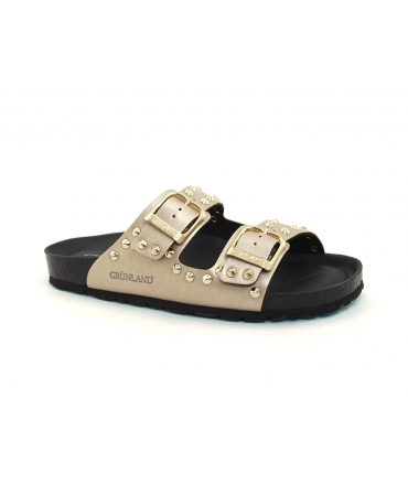 GRUNLAND vegan SARA women's slippers double band two-tone beige black studs
