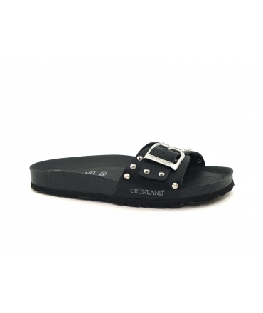Chaussons GRUNLAND vegan SARA pour femmes à bande unique et boucle noire cloutée