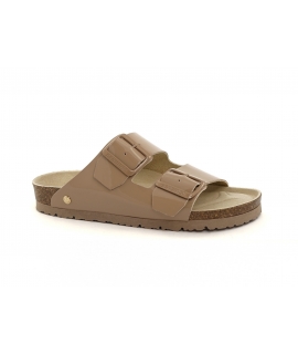 GENUINS HONOLULU VEGAN CHAROL Damen Slipper Comfort Taupe Lack Doppelband