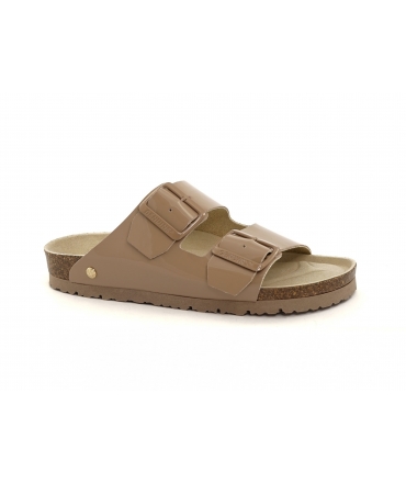 GENUINS HONOLULU VEGAN CHAROL women's slippers comfort taupe patent double band