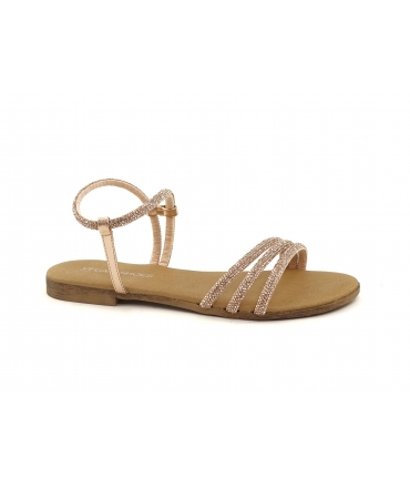 Sandalias bajas VSI ANTEA en oro rosa con pedrería vegana y tira de joya rosa. Fabricadas en Italia.