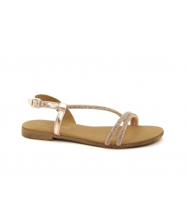 Sandalias bajas VSI FLORA, joya vegana, tira de pedrería rosa, oro rosa. Fabricadas en Italia.