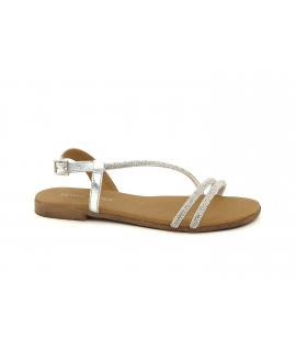 Sandalias bajas elegantes VSI FLORA con tira de pedrería plateada vegana. Fabricadas en Italia.