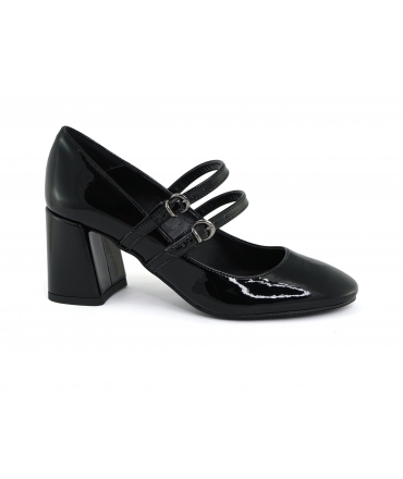 VSI MARY Jane en cuir verni noir vegan talon large à double bride fabriqué en Italie