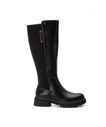 REFRESH Black vegan calf-high boots with elasticated ankles, zip, round toe, removable footbed