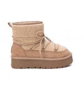 XTI Beige Vegan Faux Fur Eskimo Boots Padded Comfortable Slip-On Plush Lace-Up