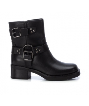 XTI Biker vegane schwarze Stiefeletten Schnallen Reissverschluss Absatz quadratische Spitze Öko