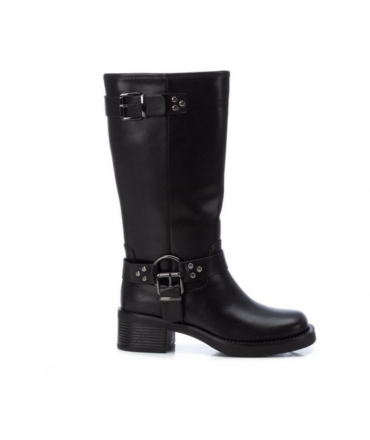 XTI Vegan Biker Black Calf-High Boots Buckles Zipper Heel Square Toe