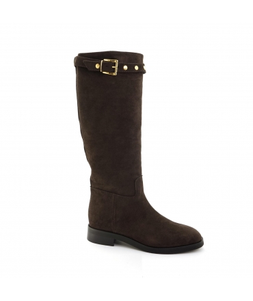 VSI CORINNE Dunkelbrauner Röhrenstiefel aus veganem Wildleder mit runder Spitze und Nieten, Made in Italy