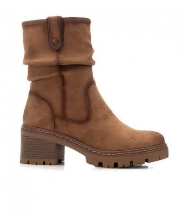 REFRESH Brown vegan ankle boots, round toe, block heel, side zip, thick sole