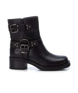 XTI Biker vegan black ankle boots buckles zipper heel square toe eco