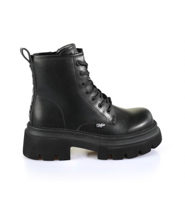 BUFFALO MAVE LACE UP Schwarze vegane Stiefelette mit Schnürsenkeln und Reissverschluss und dicker Sohle
