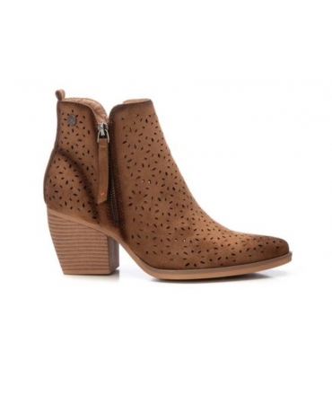 REFRESH vegan brown perforated camperos ankle boots zip western heel toe
