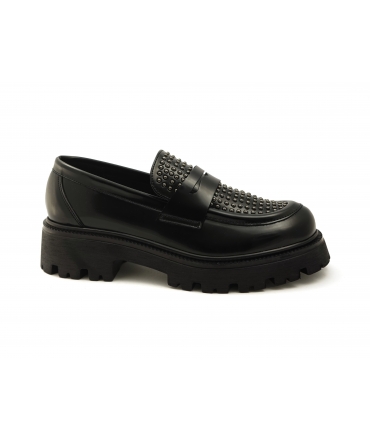 VSI VIAGO Vegan Studded Loafers Black Patent Thick Sole Made in Italy