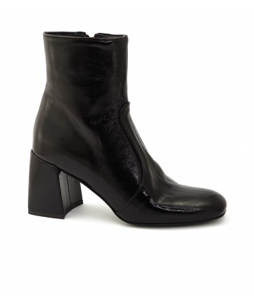Bottines carrées brillantes chocolat VSI OXA avec fermeture éclair et talon bloc, fabriquées en Italie