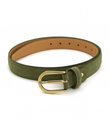 VSI SEFI Ceinture fine vegan pour femme en alcantara vert olive avec boucle dorée fabriquée à la main Fabriqué en Italie
