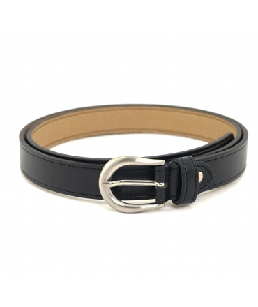 VSI ELVIA Vegan belt in black with an elongated silver buckle, handmade in Italy