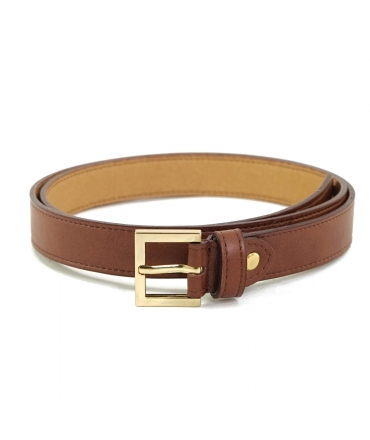 Cinturón vegano fino VSI MIVA de piel marrón con hebilla cuadrada dorada