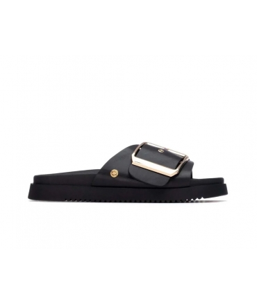 XTI black vegan summer slippers with single strap and eco buckle