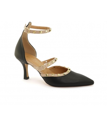 Vegane Peeptoe-Pumps von VSI NIKA mit Nieten, schwarz, nude und mit Riemchen, hergestellt in Italien