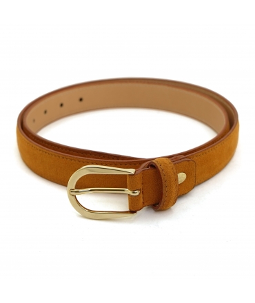 VSI SEFI Women's fine vegan belt, orange alcantara, handcrafted gold buckle, Made in Italy
