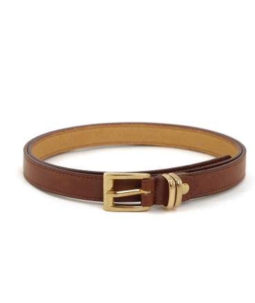 Cinturón vegano fino VSI BASA marrón con hebilla rectangular dorada. Fabricado en Italia.