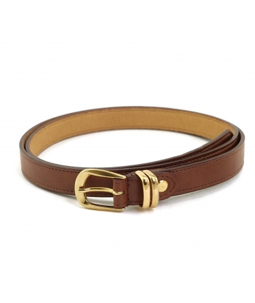 Ceinture fine vegan marron VSI TRIX avec boucle dorée et double passant doré, fabriquée en Italie