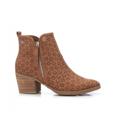 REFRESH Brown vegan perforated summer ankle boots with zip and block heel