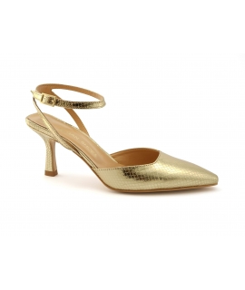 VSI NOLA Vegan Gold Pumps with Spool Heel, Pointed Toe, and Strap, Vegan Shoes Made in Italy