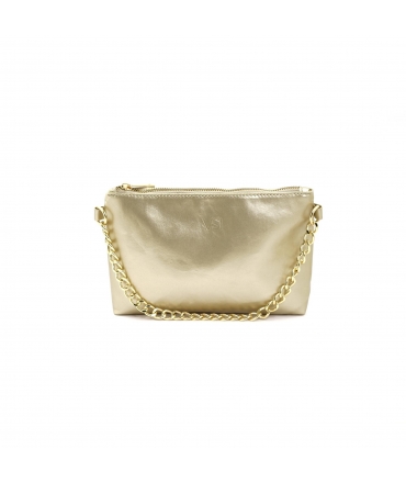 Pochette VSI ENVIE Vegan, laminée or, bandoulière réglable en platine, fermeture éclair et chaîne.