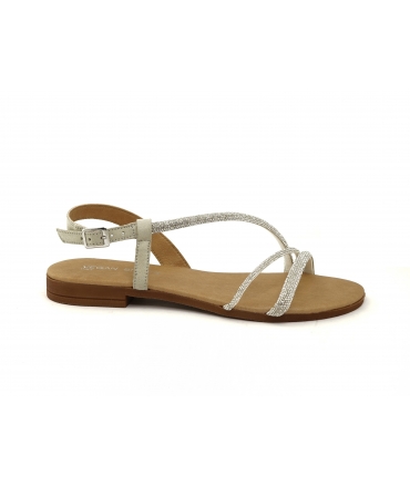 VSI FLORA Flache juwelenbesetzte vegane silberne Sandalen mit glänzendem Riemen Made in Italy