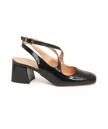 Escarpins vegan noirs VSI DIDI, décolleté en c?ur, bretelles tissées, talon large, fabriqués en Italie