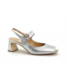 VSI LEVIE Sligback - Zapato vegano con tac&oacute;n de bloque de doble tira en color plata craquelado, fabricado en Italia