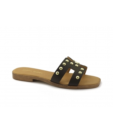 VSI CYPRUS vegan brown slippers with gold studs, handmade in Italy
