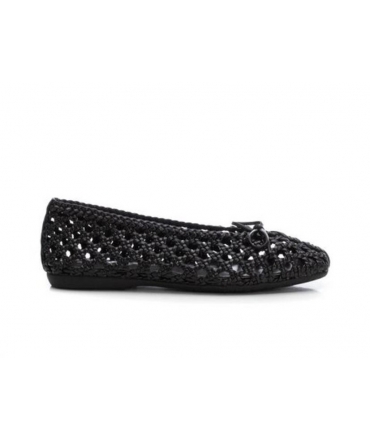 XTI black perforated vegan summer ballerinas with woven bow