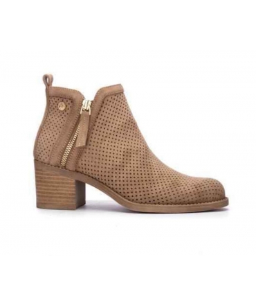 XTI Beige Vegane Sommer-Ankle-Boots mit Reissverschluss und Perforation, Blockabsatz