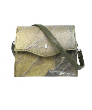 Bolso de mano vegano para mujer Box Bag, color verde, con correa de hombro extraíble y estampado de hojas.