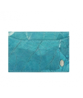 Tarjetero vegano con forma de hojas turquesas, cartera compacta y ecológica.